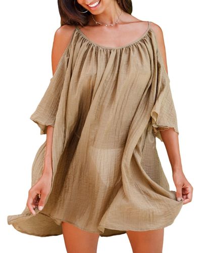 CUPSHE Sand Flared Sleeve Cut-out Mini Cover-up Dress - Brown