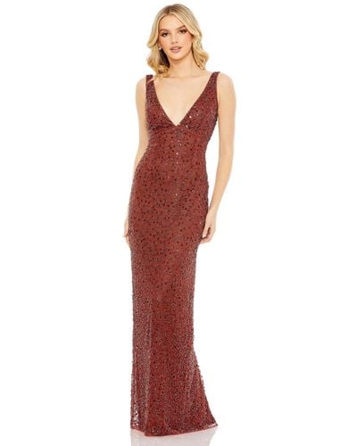 Mac Duggal Sequined Sleeveless V-neck Back Slit Gown - Red
