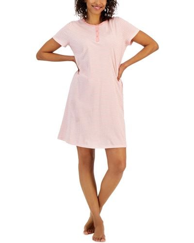 Charter Club Cotton Striped Henley Sleepshirt - Pink