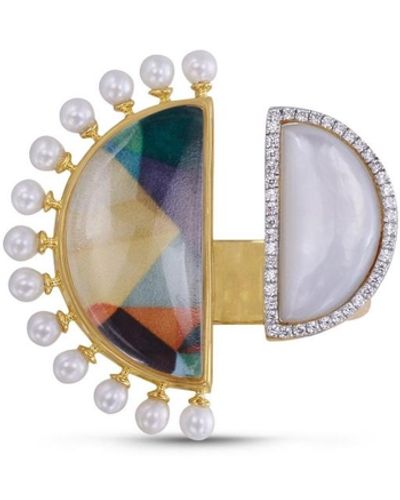 LuvMyJewelry My Colorful Legacy Moonstone Gemstone Diamond Pearl Y Gold Plated Silver Ring - White