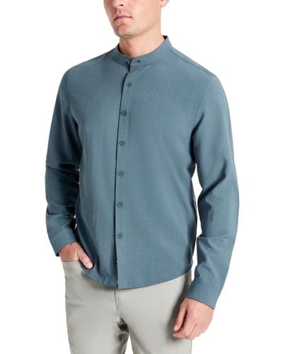 Kenneth Cole Slim-fit Performance Stretch Textured Band-collar Button-down Shirt - Blue