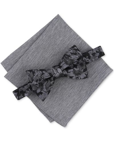 BarIII Malaga Floral Bow Tie & Solid Pocket Square Set - Gray