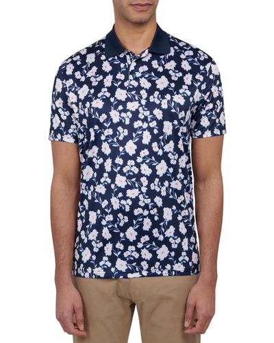 Society of Threads Slim Fit Floral Print Performance Polo Shirt - Blue