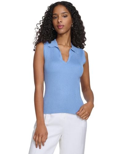Calvin Klein Ribbed V-neck Sleeveless Sweater Top - Blue