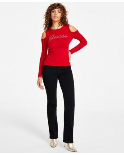 Guess Cold Shoulder Long Sleeve Logo Sweater Eco Sexy Straight Leg Jeans - Red