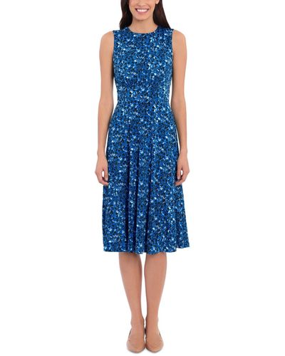London Times Printed Fit & Flare Dress - Blue