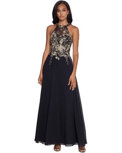 Betsy & Adam Petite Sleeveless Floral-applique Illusion Gown - Blue