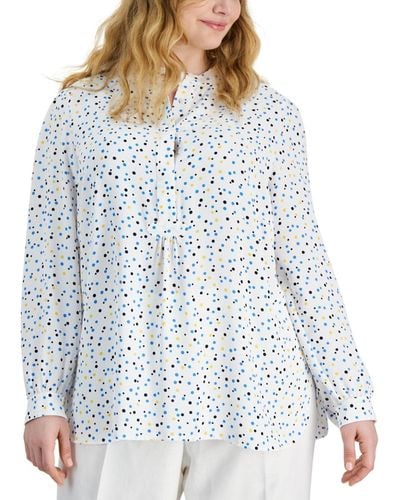 Anne Klein Plus Size Dotted Long-sleeve Popover Tunic - Blue