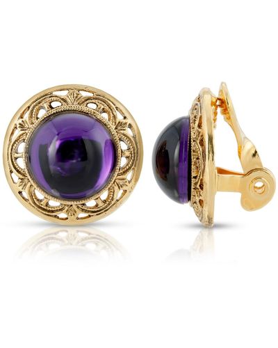 2028 Gold Tone Stone Round Button Clip Earring - Purple