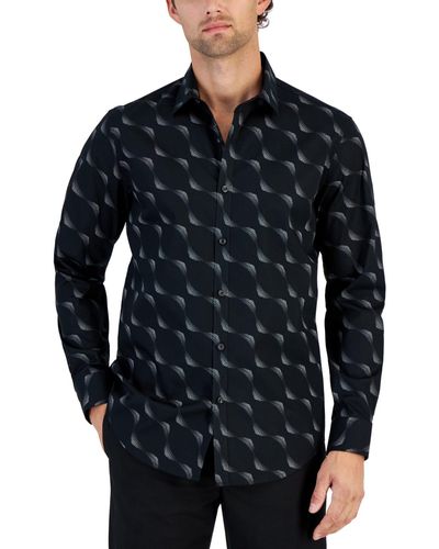 Alfani Dot Wave Print Long-sleeve Button-up Shirt - Blue