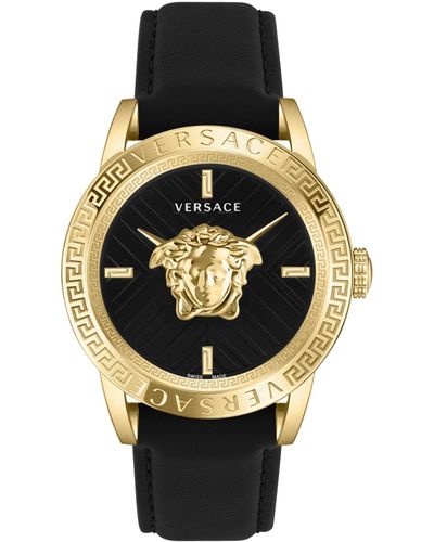 Versace Swiss V-code Black Leather Strap Watch 43mm - Metallic