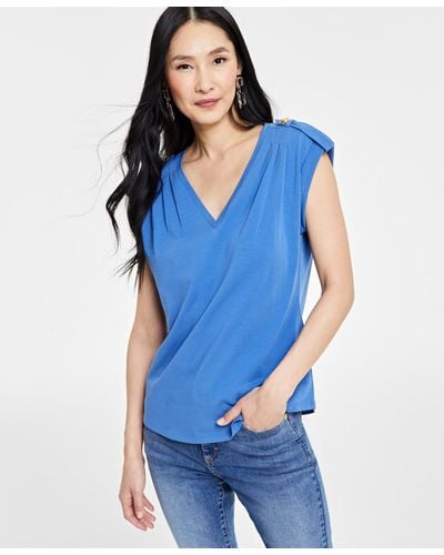 INC International Concepts Cap-sleeve V-neck Top - Blue