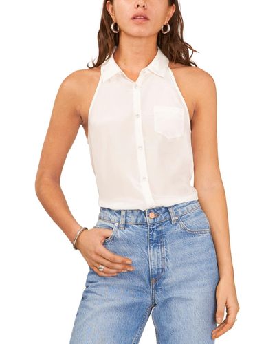1.STATE Sleeveless Button-front Halter Top - Blue