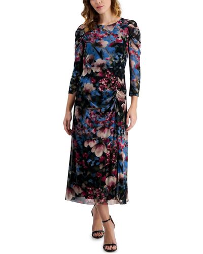 Anne Klein Floral-print Ruched Midi Dress - Blue