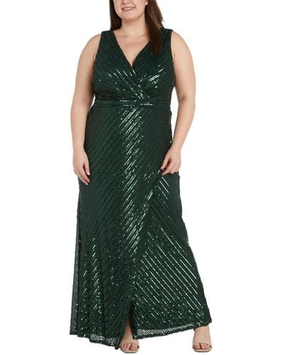 R & M Richards Nightway Plus Size Striped Sequined V-neck Sleeveless Gown - Green