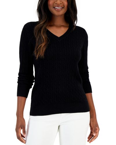 Karen Scott Cable V-neck Long Sleeve Sweater - Black