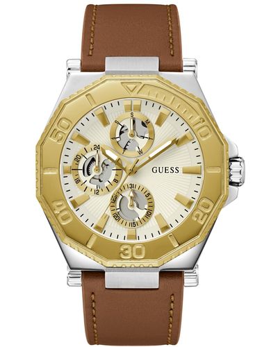 Guess Analog Genuine Leather Watch 46mm - Metallic