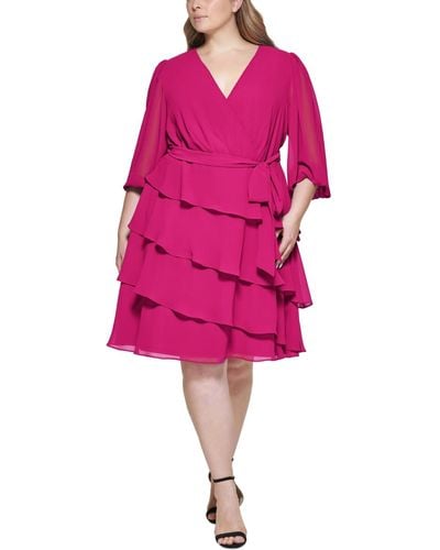 Jessica Howard Plus Size Ruffle-tiered Tie-waist Dress - Pink
