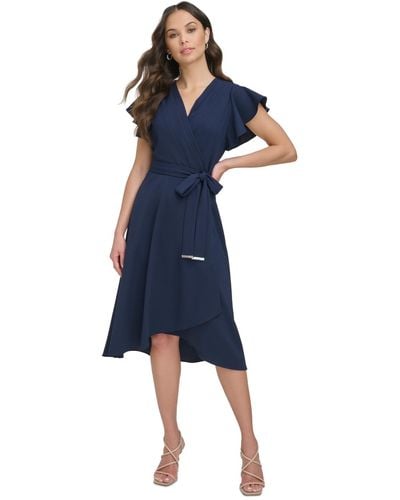 DKNY Flutter-sleeve Tie-waist Faux-wrap Dress - Blue