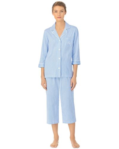 Lauren by Ralph Lauren 3/4 Sleeve Cotton Notch Collar Capri Pant Pajama Set - Blue