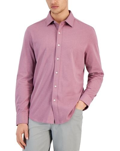 Alfani Classic-fit Heathered Jersey-knit Button-down Shirt - Purple