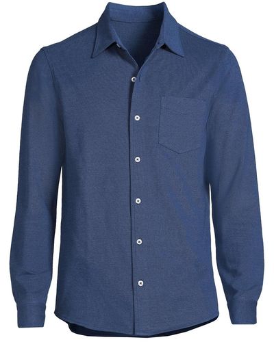 Lands' End Long Sleeve Texture Knit Button Up Shirt - Blue