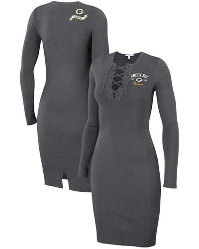 WEAR by Erin Andrews Green Bay Packers Lace Up Long Sleeve Dress - Gray