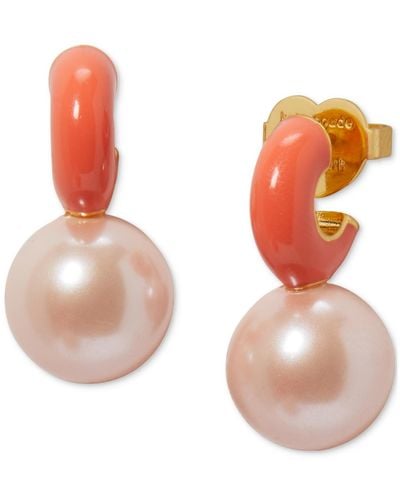 Kate Spade Gold-tone Imitation Pearl Charm Pave huggie Hoop Earrings - Orange