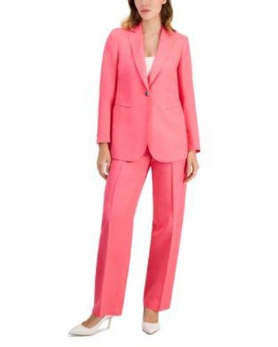 Anne Klein One Button Notched Collar Jacket High Rise Wide Leg Pants - Pink