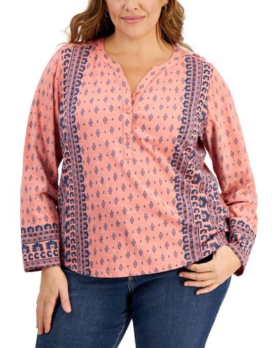 Style & Co. Plus Size Printed Split-neck Top - Red