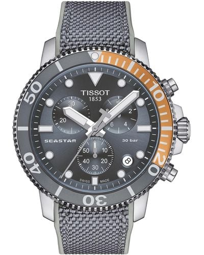 Tissot Swiss Chronograph Seastar 1000 Gray Textile Strap Watch 46mm - Metallic