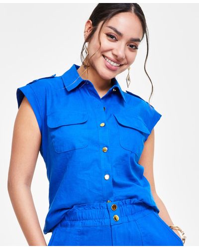 INC International Concepts Petite Linen Sleeveless Utility Shirt - Blue