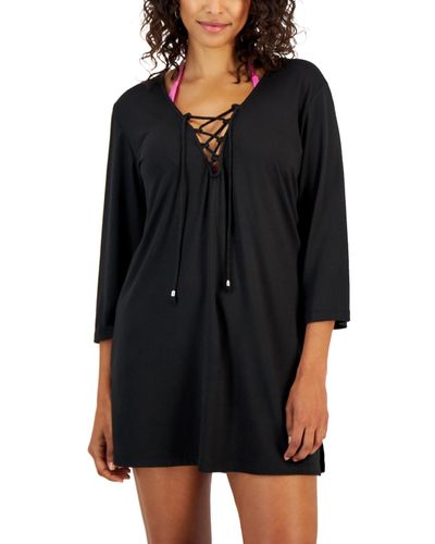 J Valdi Lace-up Cover-up Tunic Top - Black