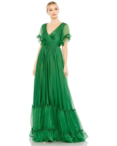 Mac Duggal Butterfly Ruffle Trimmed Sleeve Wrap Over Flowy Gown - Green