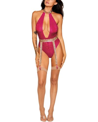 Dreamgirl Strech Lace Halter Teddy - Red