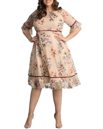 Kiyonna Plus Size Wildflower Embroidered Floral Mesh Dress - Natural