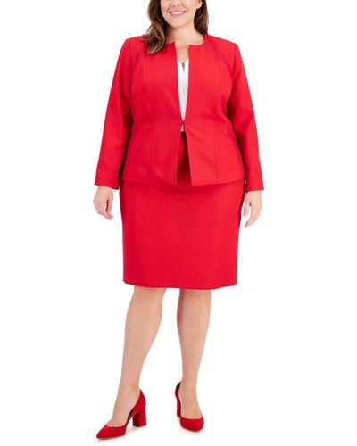 Le Suit Plus Size Houndstooth Pencil Skirt Suit - Red