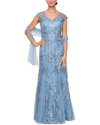 Alex Evenings Embellished Cap-sleeve Gown & Shawl - Blue