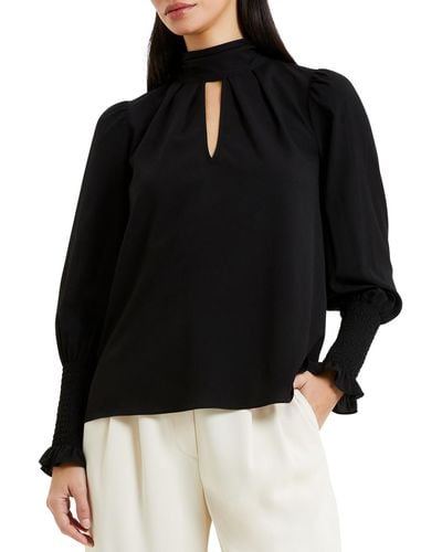 French Connection Cutout-neck Long-sleeve Crepe Top - Black