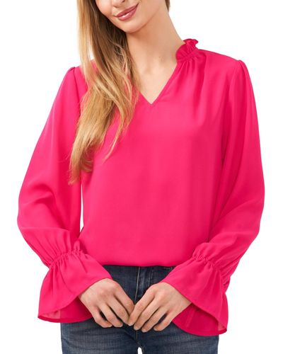 Cece Long Sleeve V-neck Ruffled Blouse - Pink
