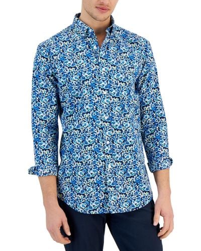 Club Room Crowd Regular-fit Floral-print Button-down Poplin Shirt - Blue