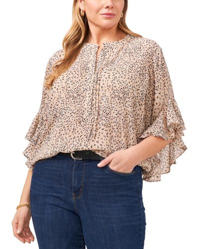 Vince Camuto Plus Size Cheetah Print Flutter-sleeve Pintucked Henley Blouse - Blue