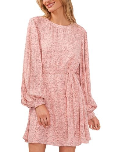Vince Camuto Belted Pleated Puffed-sleeve Dress - Pink