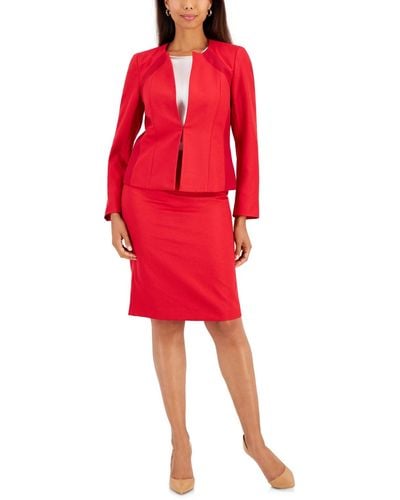 Le Suit Houndstooth Pencil Skirt Suit - Red