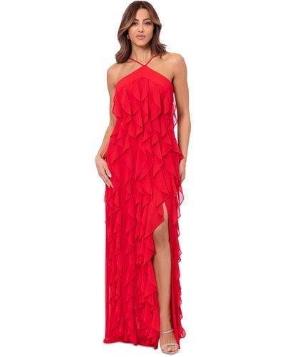Xscape Ruffled Halter Gown - Red