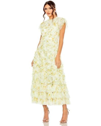 Mac Duggal High Neck Ruffle Cap Sleeve Floral Dress - Yellow