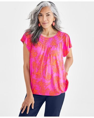 Style & Co. Printed Smocked-neck Knit Top - Pink