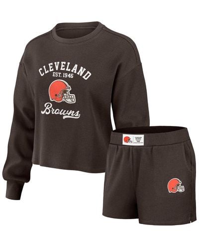 WEAR by Erin Andrews Distressed Cleveland S Waffle Knit Long Sleeve T-shirt And Shorts Lounge Set - Brown