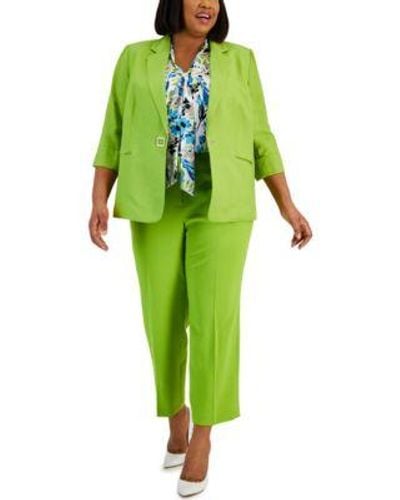 Kasper Plus Size Linen Blend Jacket Printed Tie Front Blouse Pants - Green