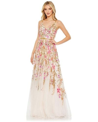 Mac Duggal V Neck Floral Embellished Spaghetti Strap Gown - White